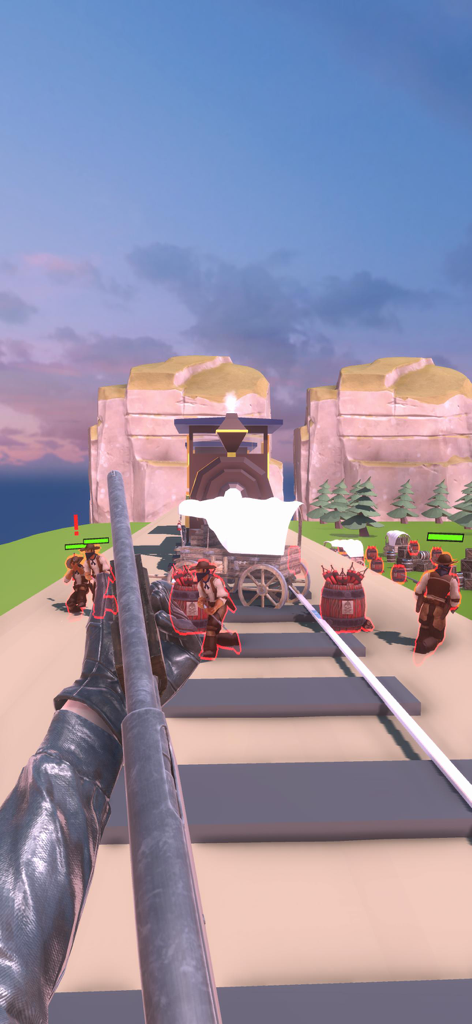 DeadEye Gunslinger : Wild West - First person perspective of a gunslinger aiming a rifle at bandits near a train in the Wild West