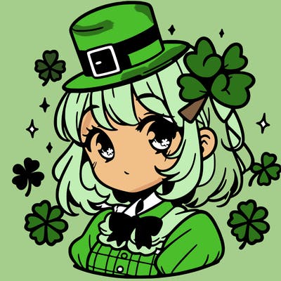 a manga-style girl with clovers around her, a little hat in her hair, like it's saint patrick's day
