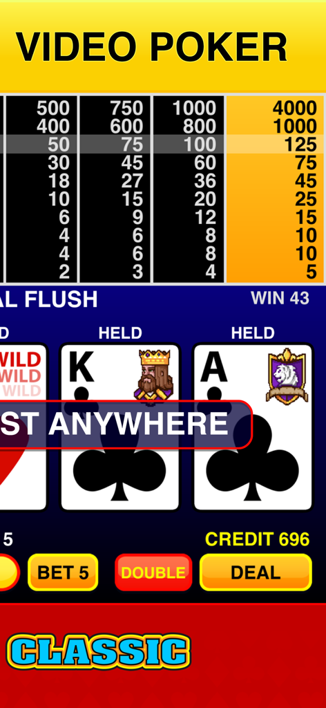 本格的なカジノ配当表と、ホールドされたカードのあるポーカーハンドを表示するモバイルビデオポーカーゲーム画面。