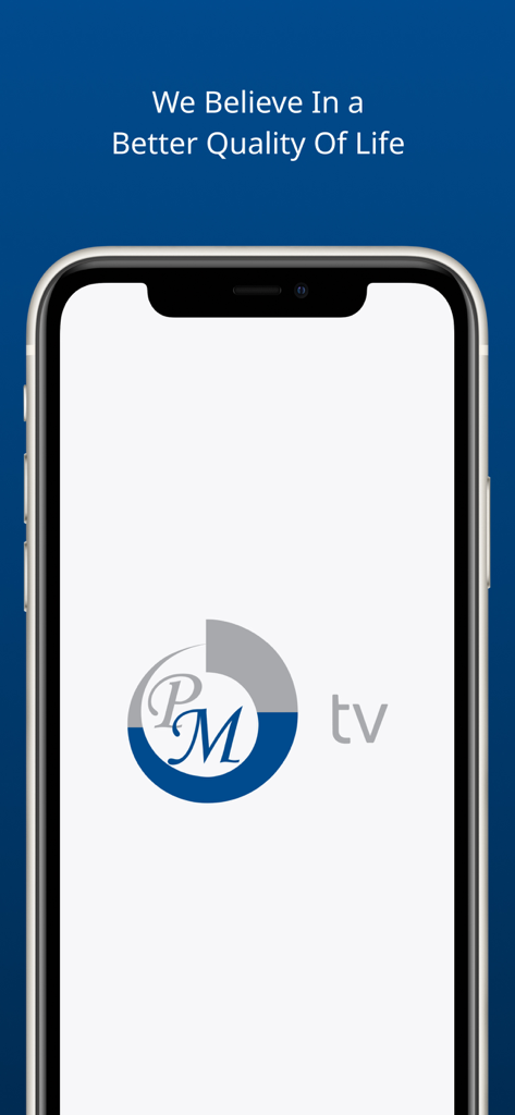 PM.TV - PM TV mobile app welcome screen with the company logo and slogan