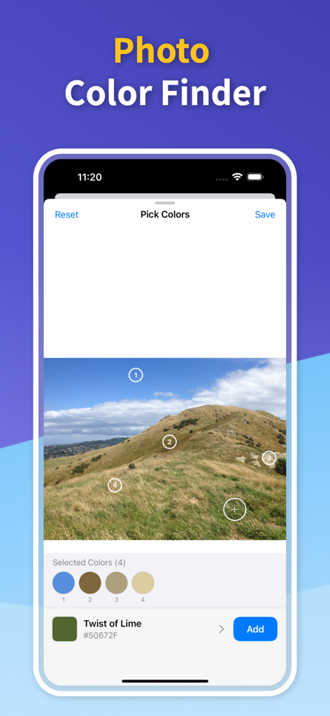 Color Identifier: Paint Match - Interface of the Color Identifier app showing how to pick and extract colors from a landscape photo to create a custom palette