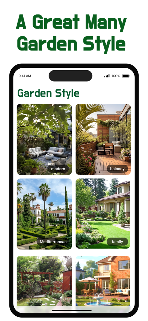 Mobile App-Oberfläche, die verschiedene Gartengestaltungsstile zeigt, einschließlich eines modernen Balkons und des Mittelmeerraums.