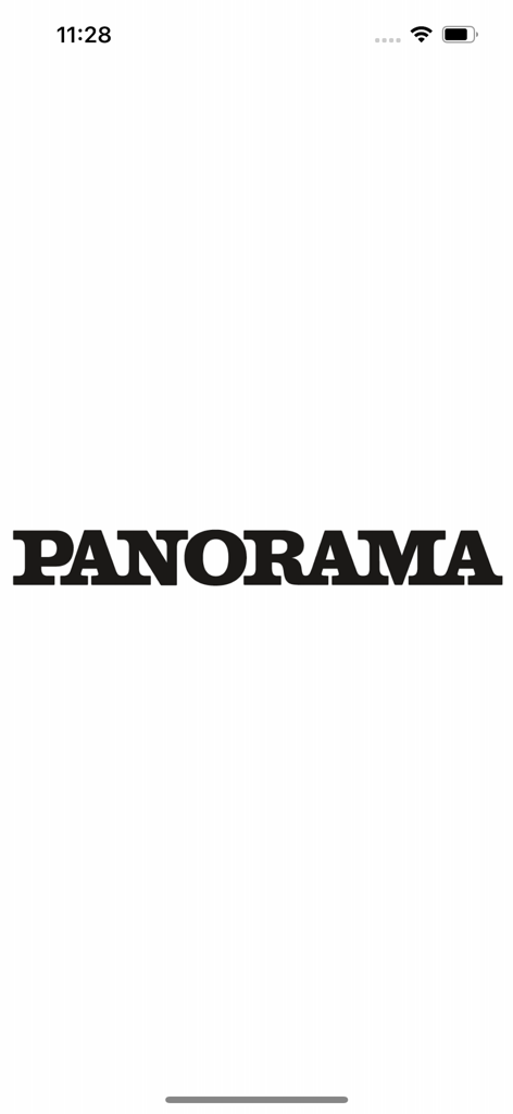 Pantalla de presentación de la aplicación de la revista Panorama que muestra el logo negro sobre un fondo blanco