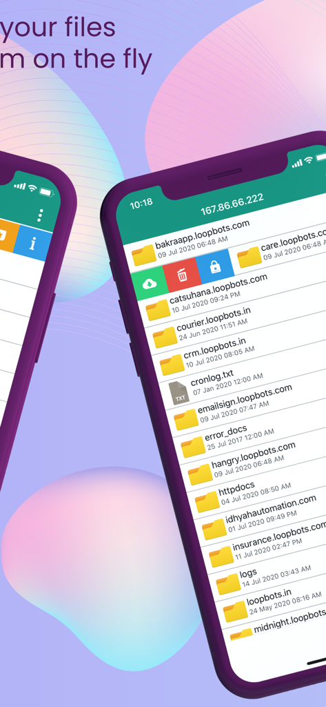 FTP Client - FTP Server Files - Smartphone screen displaying an FTP client with server folders and file management options