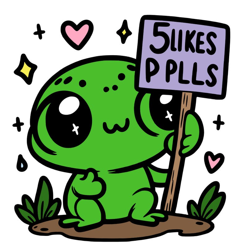 cute little frog with sign that says 5 likes pls