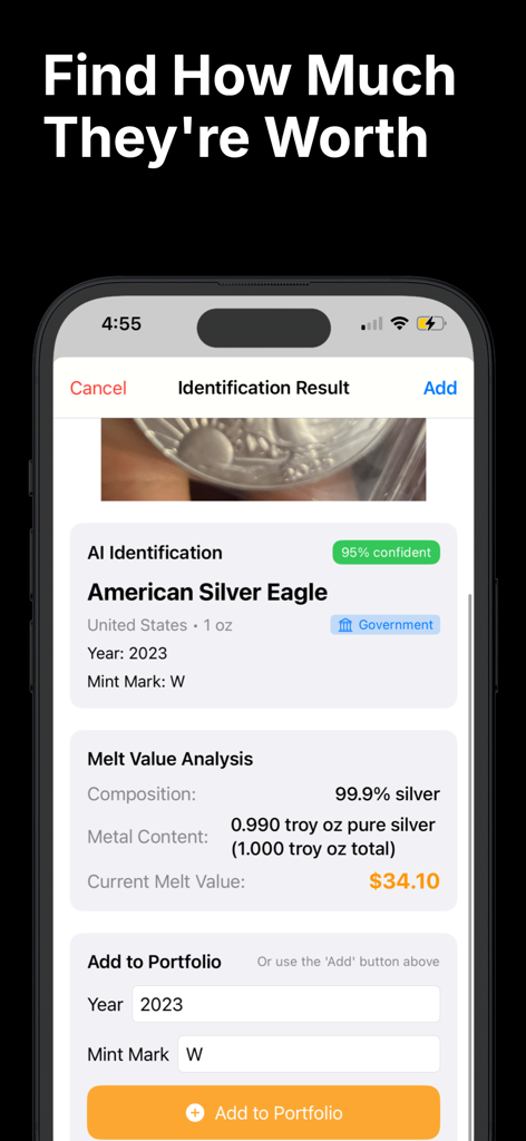 Coin Value Identifier - Schermata dell'app mobile che mostra l'identificazione IA e il valore di fusione dell'argento per una moneta d'argento americana Eagle.