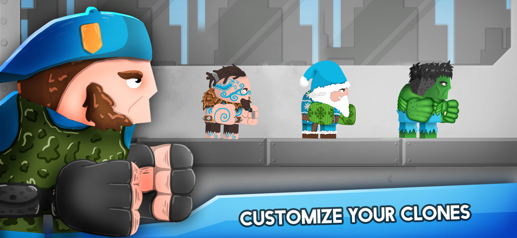 Clone Armies - Tactical Game - Clone Armies Spielbildschirm mit verschiedenen Anpassungsoptionen und Skins für Charaktere