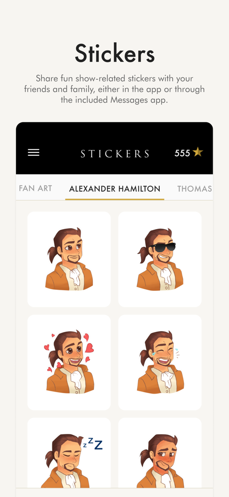 Tela do aplicativo oficial Hamilton mostrando uma coleção de figurinhas ilustradas do personagem Alexander Hamilton com diferentes expressões