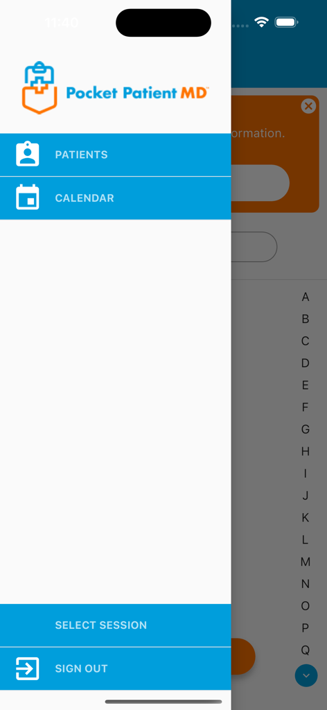 PocketPatientMD - Side navigation menu of the PocketPatientMD app featuring patient records and calendar options.