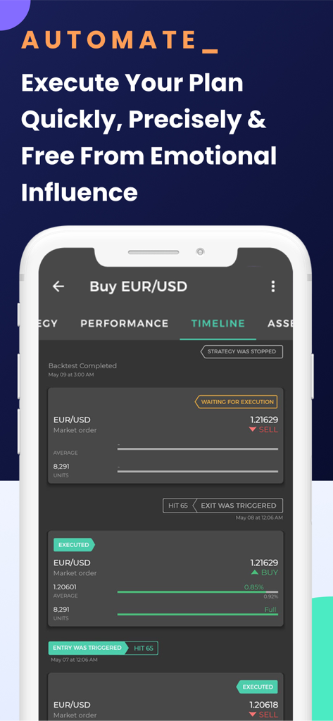 Capitalise.ai app interface showing a timeline of automated forex trading execution