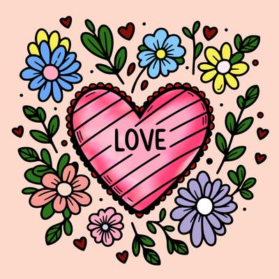 love heart with flowers around it