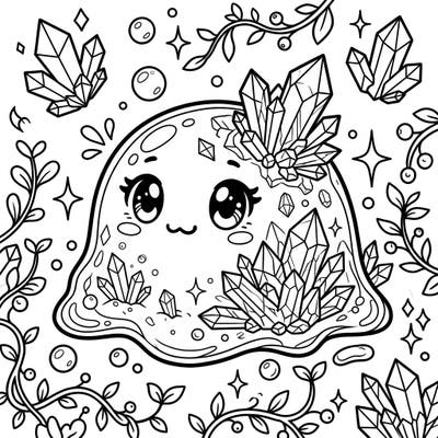 Unleash your creativity with this enchanting crystal slime coloring page, designed especially for teens. Adorned with intricate crystalline growths and a charming kawaii expression, it promises hours of artistic fun.