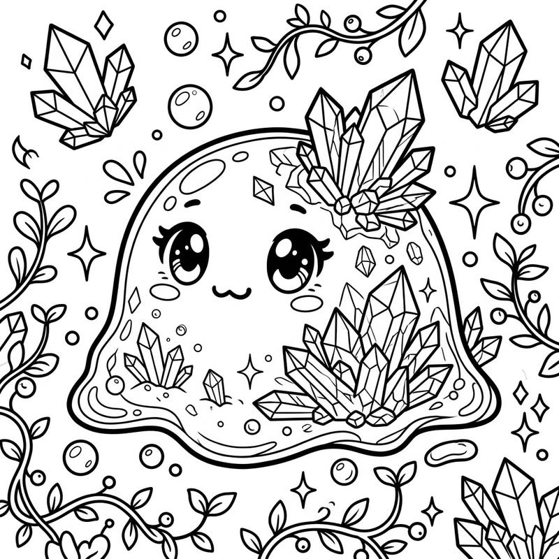 Unleash your creativity with this enchanting crystal slime coloring page, designed especially for teens. Adorned with intricate crystalline growths and a charming kawaii expression, it promises hours of artistic fun.