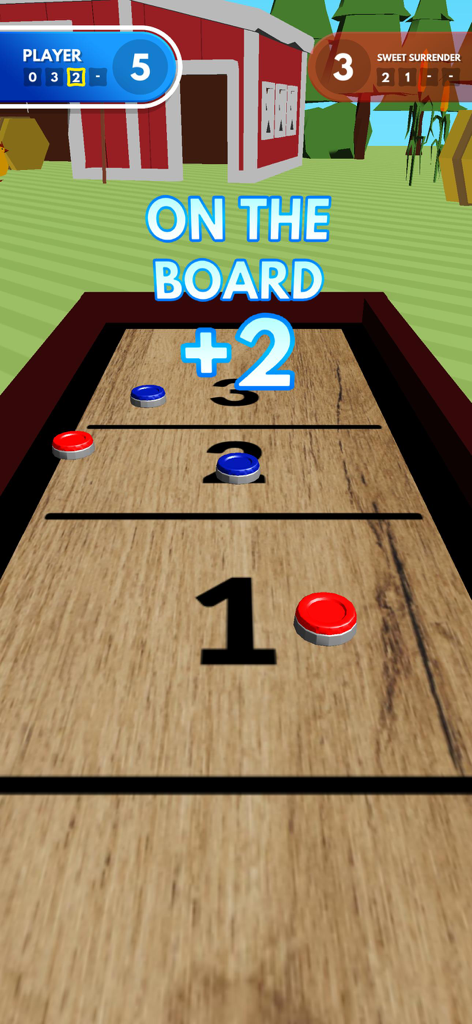 Shuffleboard Challenge - Un disco azul anotando dos puntos en una mesa de shuffleboard de madera en un entorno de granja