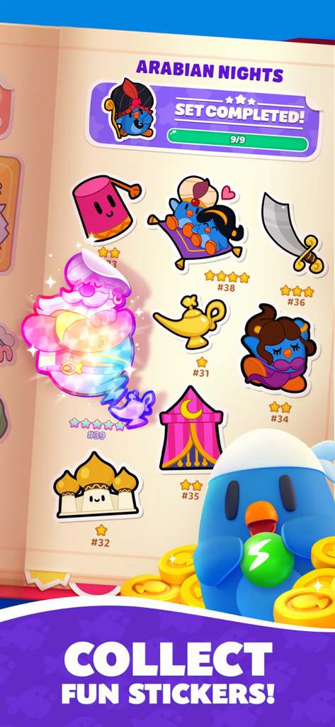 A completed Arabian Nights themed sticker set in the Fish of Fortune mobile game.