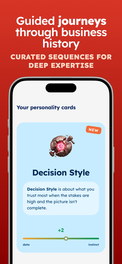 Empirio: Learn Business - Empirio app showing a Decision Style personality card ranking instinct versus data.
