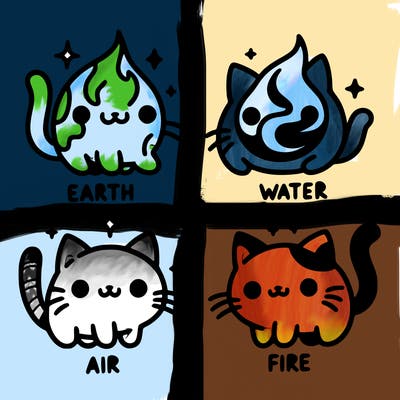 4 cats that represent the different elements, earth, water, air, and fire