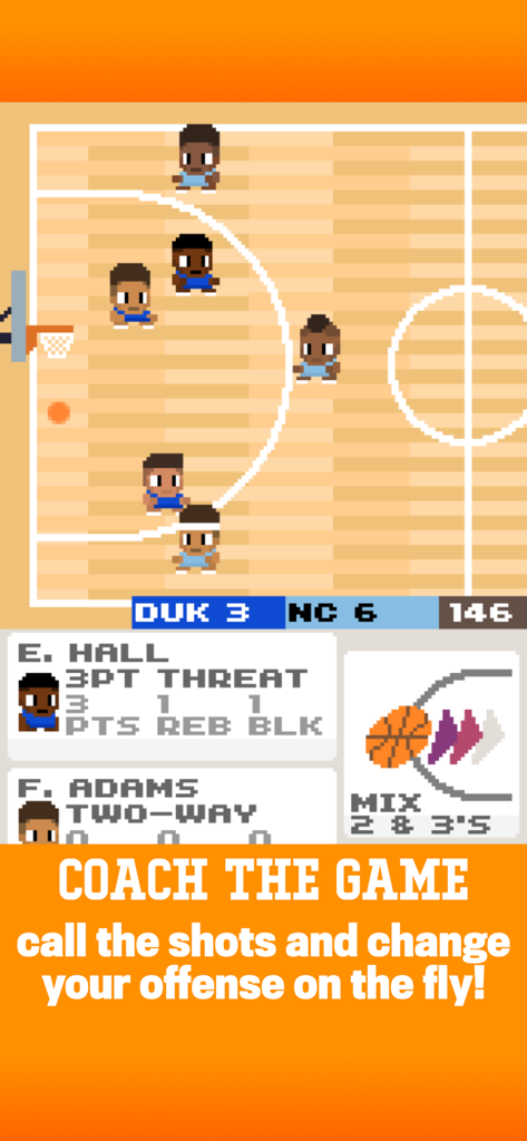 Retro pixel art basketball gameplay in bit ballers showing player stats and coaching strategy