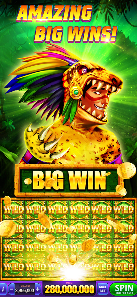 DoubleHit Slots Casino Game - Big win screen in DoubleHit Slots showing an Aztec character and 280 million coins