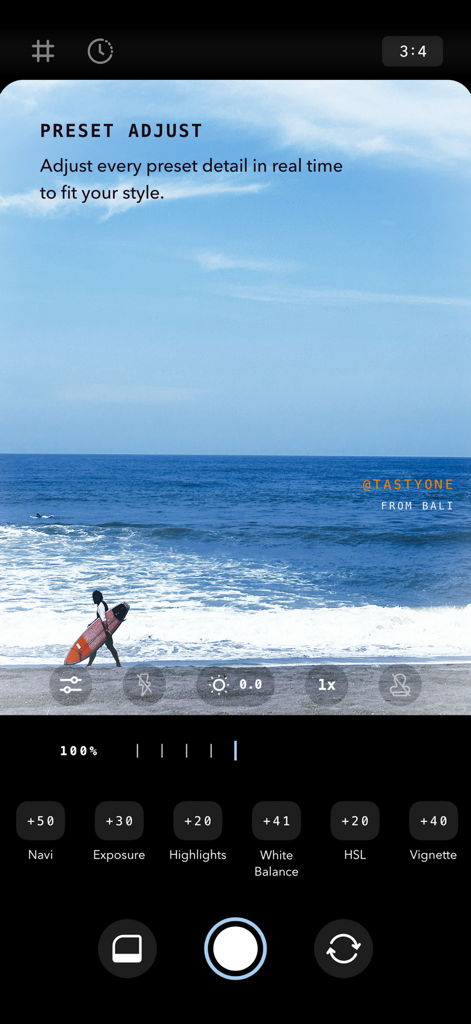 Retrica: Vintage Camera Studio - Retrica app interface for real-time camera preset adjustments featuring a beach scene with a surfer