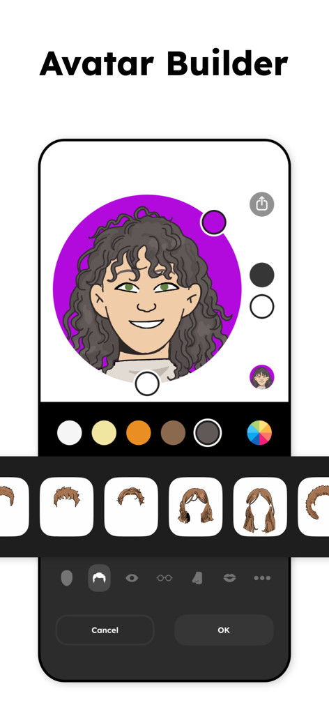TextingStory Chat Story Maker - TextingStory app avatar builder screen showing a cartoon character customization interface with hair and color options