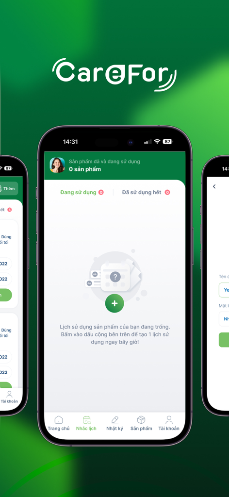 CareFor CSKH - Um telefone celular exibindo a interface do aplicativo de saúde CareFor CSKH para rastrear o uso de produtos e lembretes em vietnamita