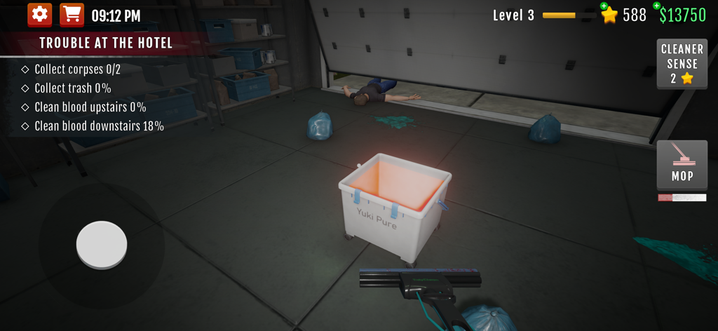 Crime Scene Cleaner: Mobile 3D - First-person view of a cleaning simulation game featuring a garage crime scene and mission objectives