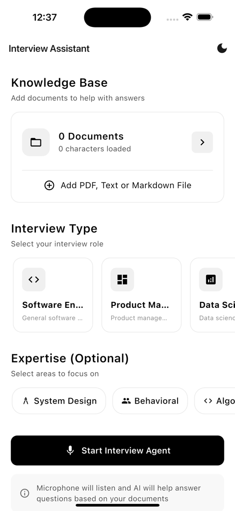 Interview Ai Assistant - La pantalla de configuración de la aplicación Asistente de Entrevistas IA mostrando opciones para subir un currículum, seleccionar un rol de entrevista y elegir áreas de enfoque.