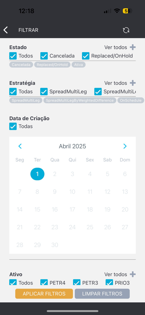 PNT Mobile - PNT Mobile app interface for filtering stock and derivative trading strategies by date and status.