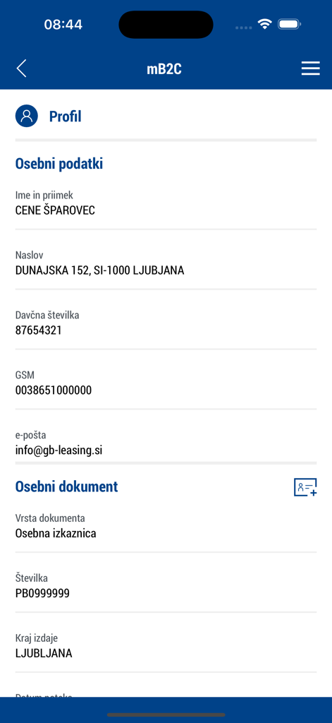 mB2C - Benutzerprofilbildschirm in der mB2C-App, der persönliche und Identifikationsdaten anzeigt.