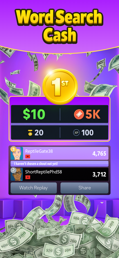 Winning results screen in Word Search Real Cash Games showing a ten dollar prize and leaderboard ranking