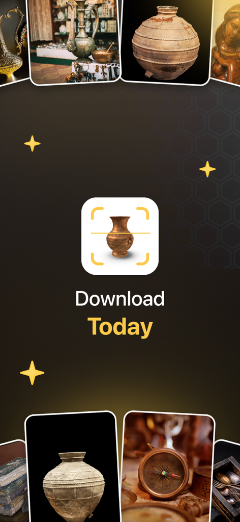 Antique Identifier AI app promotional screen showing vintage pottery and a compass with a scanning icon