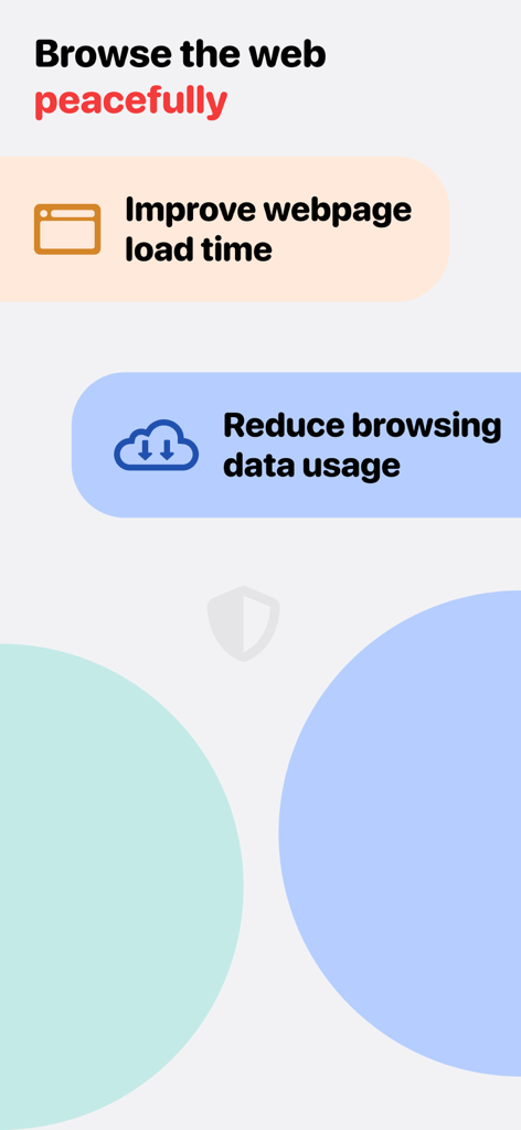 Promotional screen for Roadblock app highlighting peaceful browsing with improved load times and reduced data usage
