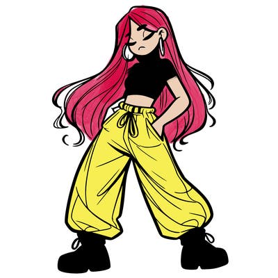 girl in baggy pants crop top and long hair