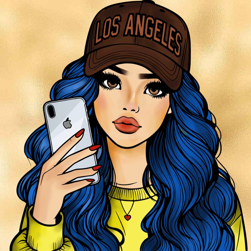 realistic beautiful girl wearing los ángeles cap holding an iphone