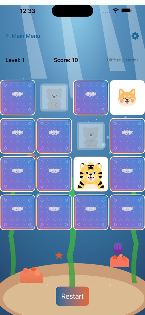 Juego de emparejar cartas de memoria con tema oceánico y lindos personajes de animales.