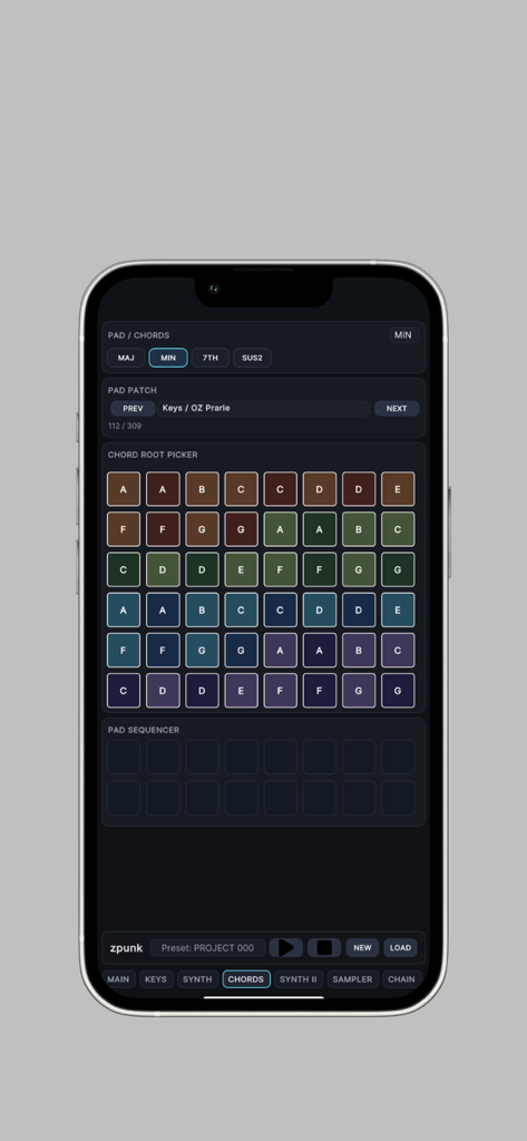 zpunk - Un smartphone mostrando la interfaz del secuenciador de acordes de la app zpunk con una cuadrícula de botones de notas musicales.