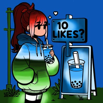 girl with oversized hoodie drinking boba and she has a high ponytail with a sign that says 10likes?
