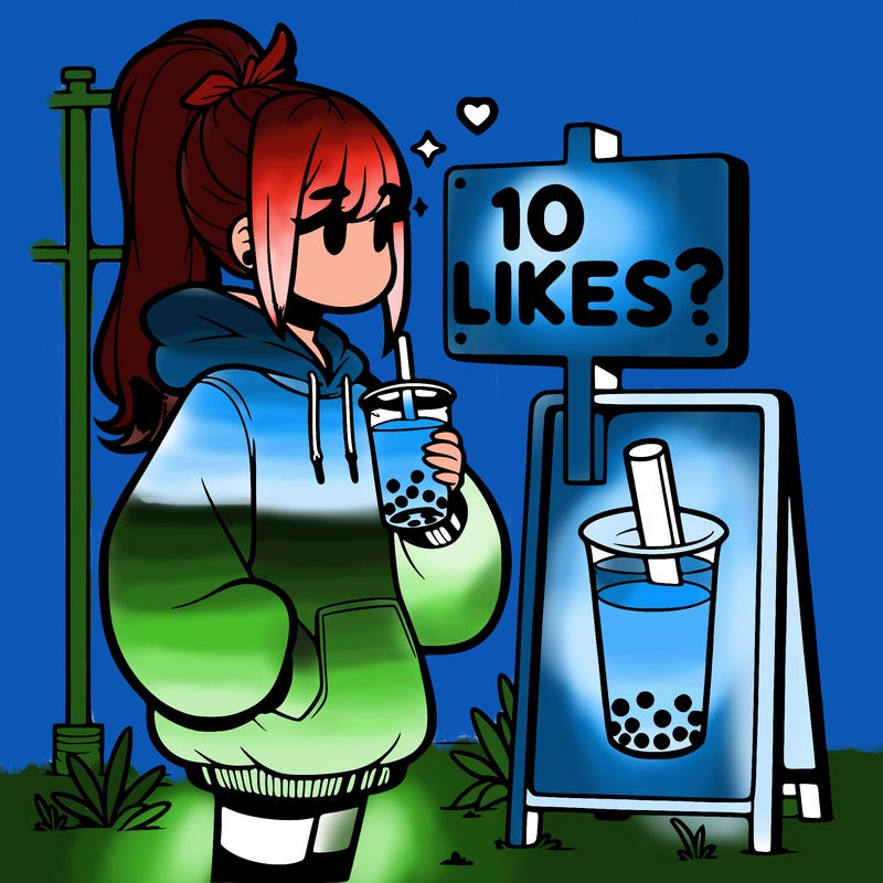 girl with oversized hoodie drinking boba and she has a high ponytail with a sign that says 10likes?