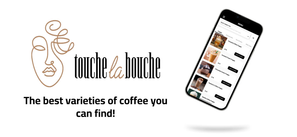 Touche La Bouche coffee house app menu showing frappe varieties on an iPhone screen
