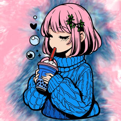 manga girl drinking boba in cozy sweater
