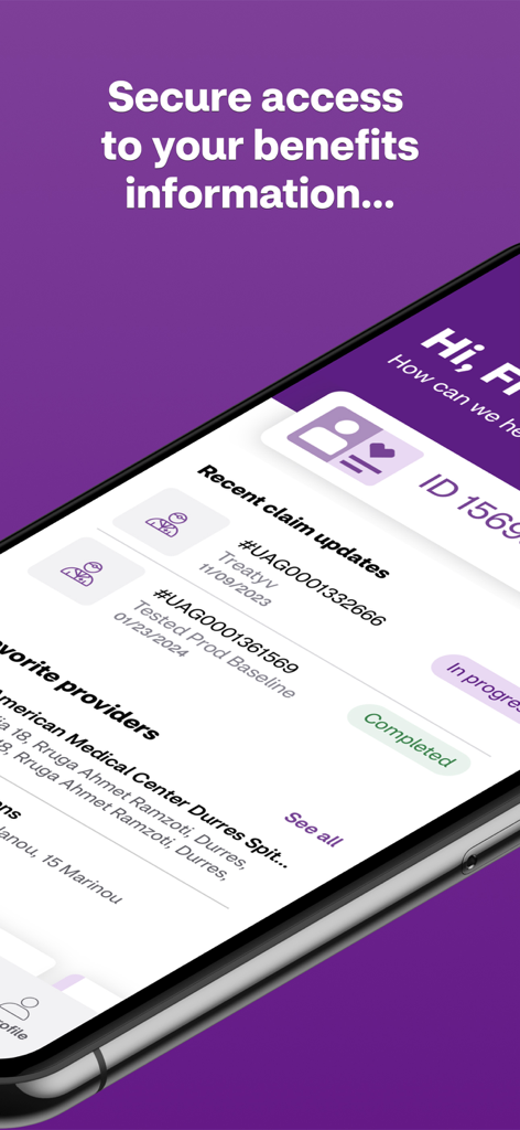 Aetna International app interface showing recent claim status updates and a list of favorite healthcare providers.