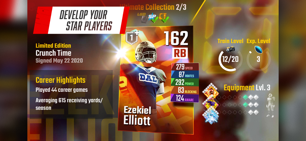Ezekiel Elliott player card in Franchise Football Pro GM showing stats and training levels