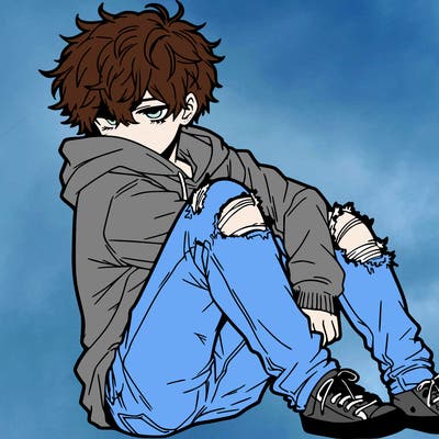 a male hoddie ripped jeans messy hair anime