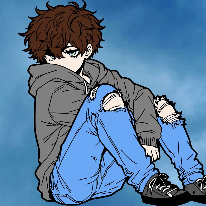 a male hoddie ripped jeans messy hair anime