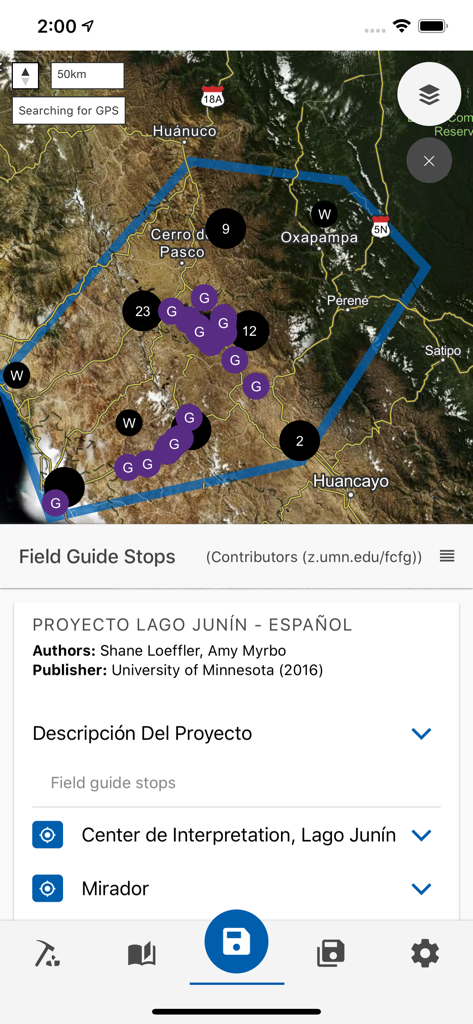 Flyover Country app showing a satellite map of Peru with geological field guide markers and project information.