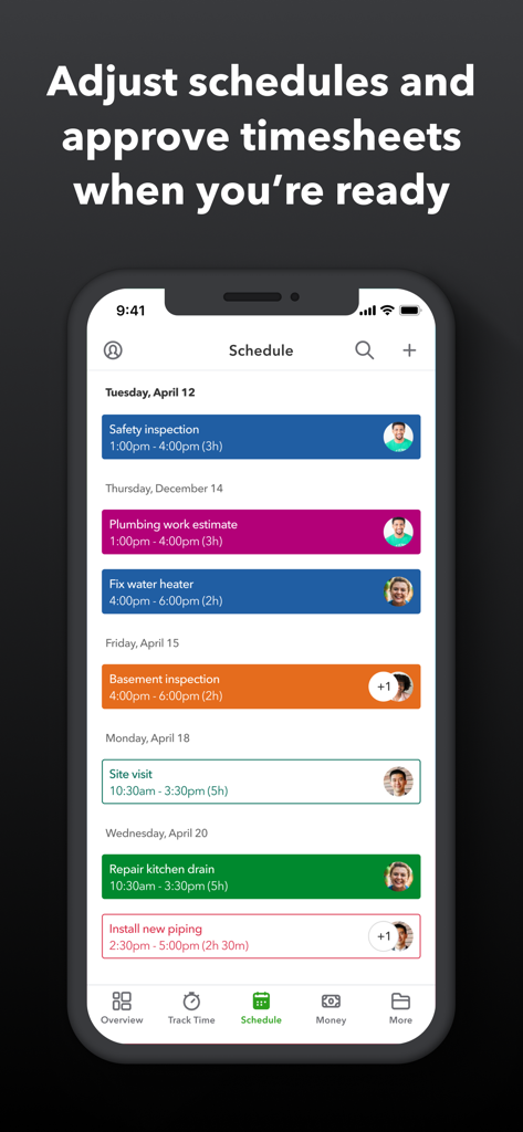 QuickBooks Workforce app displaying a job schedule with various plumbing and inspection tasks assigned to employees