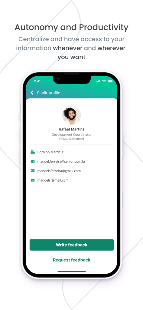 Waapi - A mobile screen showing an employee public profile with contact information and feedback buttons in the Waapi HR app.