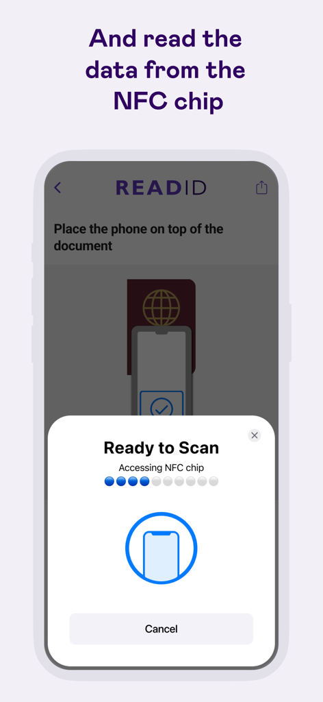 Interfaz de la aplicación ReadID Me que muestra la indicación para escanear el chip NFC de un documento de identidad.