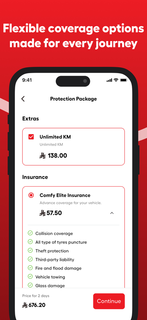 Comfy - كومفي - Mobile app screen showing car rental insurance options and protection package details on the Comfy app.